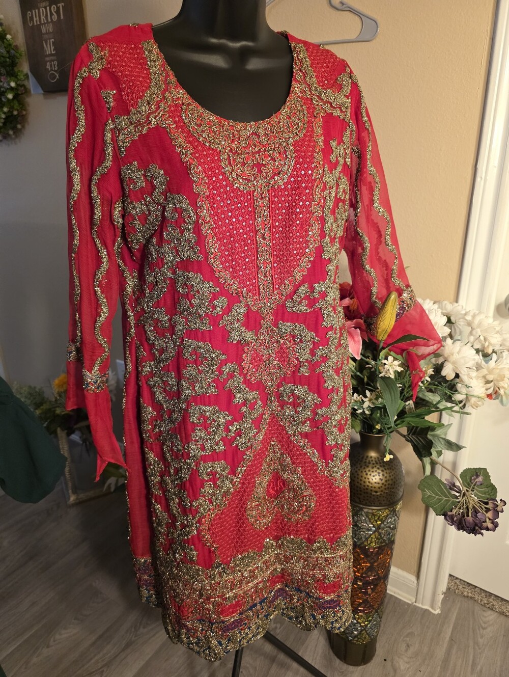 Women's Red Embellished Long Sleeve Tunic
